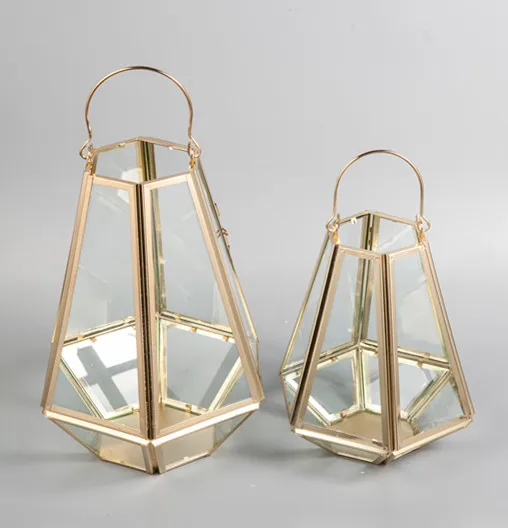 Gold metal geometric brass candle holder lantern for home christmas wedding decor