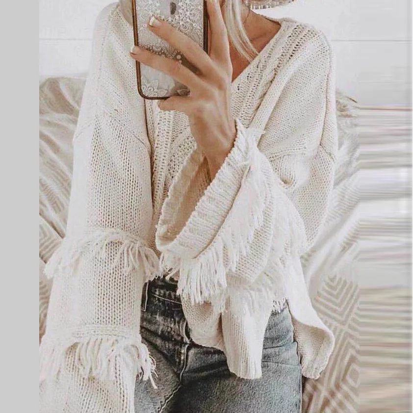 
Fashion V Neck Flare Sleeve Women Casual Tassel Sweater 