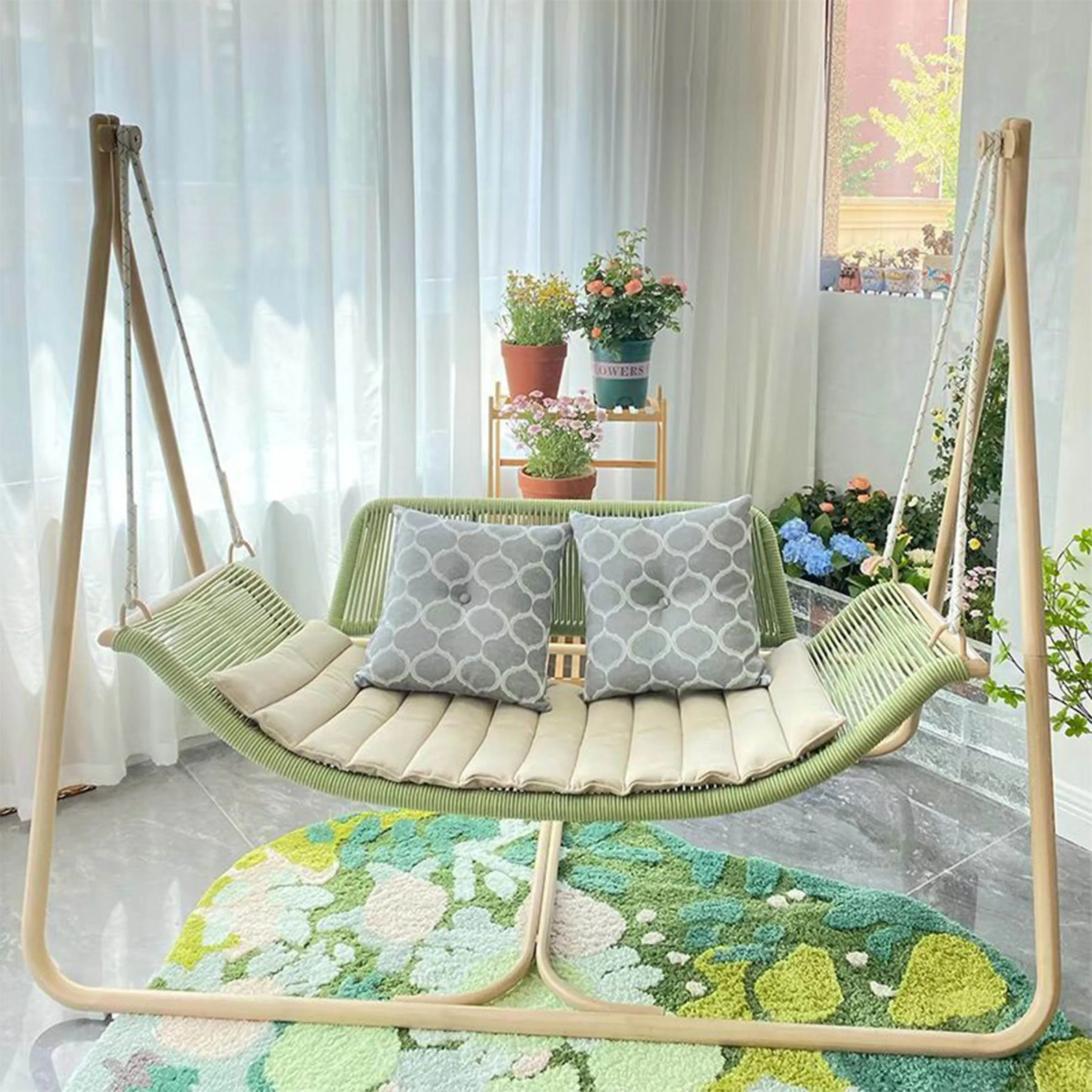 Printed Pattern Hammock Swing Chair Outdoor Robust and Durable,Swing Chair with Hanging Stick and Cushion/