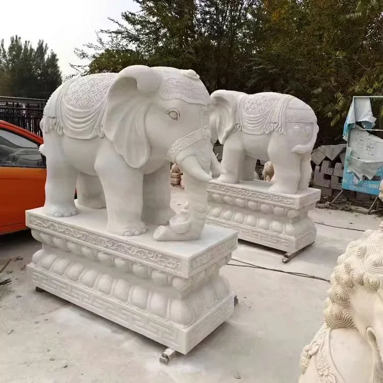 Hot Selling Modern Design Outdoor Stone Carving Decoration Human-Sized Marble Elephant Statue for Park Courtyard Decor