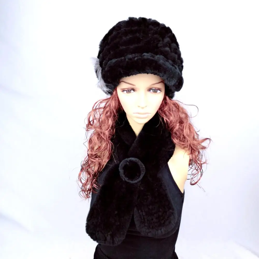 New Real Rex Rabbit Fur Women's Autumn And Winter Warm Caps Ear Fox Fur Ball Jewelry Fashion Rabbit Fur Knit Hat Female