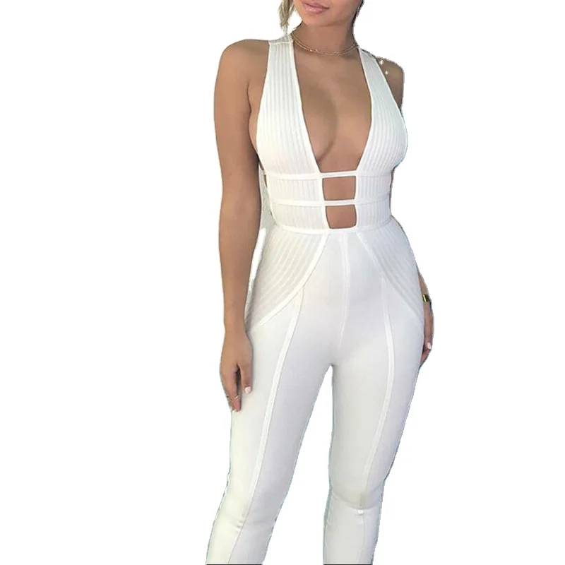 Fashion Women  Casual Solid Tank One Piece Rompers Playsuit Sleeveless V Neck Long Pant Jumpsuits