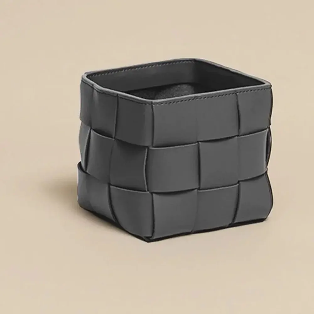 PU Leather Double-Tiered Desktop Organizer Pen Holder Makeup Brush Bucket Storage Wicker Home Office Living Room Bathroom