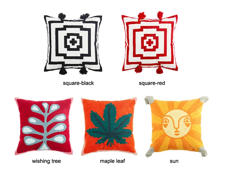 Geometric Sun Face Embroidery Wholesale Modern Home Decor Modern Luxury Throw Pillow Cover Case with Tassels