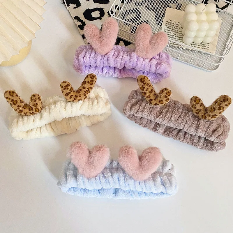 Bath Photo Prop Hair Accessories Women Girls Cute Coral Fleece Deer Horn Elastic Headbands Soft Comfortable Wash Face