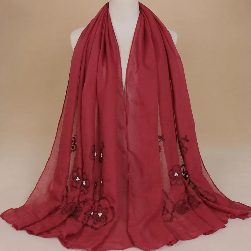 Nation Style High Quality Women Lace Bead Islam Muslim Scarf Cotton Hijab Embroidery Pearl Scarf