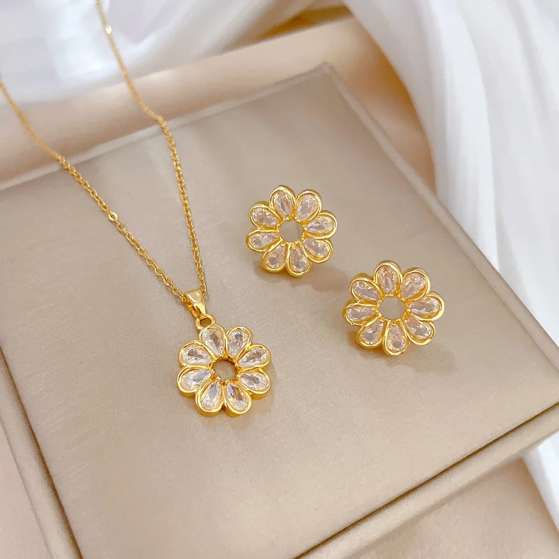 Fine Jewelry Set 18k Gold Plated Stainless Steel CZ Bowknot Pink Round Cut Zircon Pendant Necklace Earring Jewelry Gift