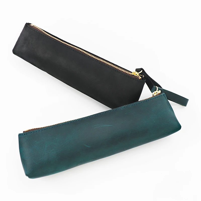 Classic And Softy Crazy Horse  Leather Pen bag pen case With Durable And High Quality Metal Zipper
