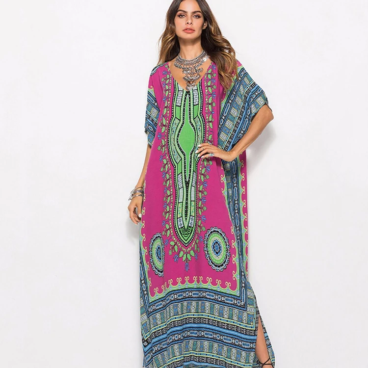 
Rose Red Tribal Printed Maxi Dresses Summer Plunging Neck For Streetshots 