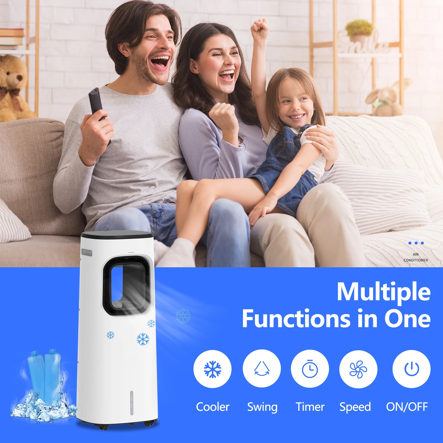 Household Tower Air Cooler Fan with Wheels Water Cooling Humidifier Water Mist Cooling Remote Control