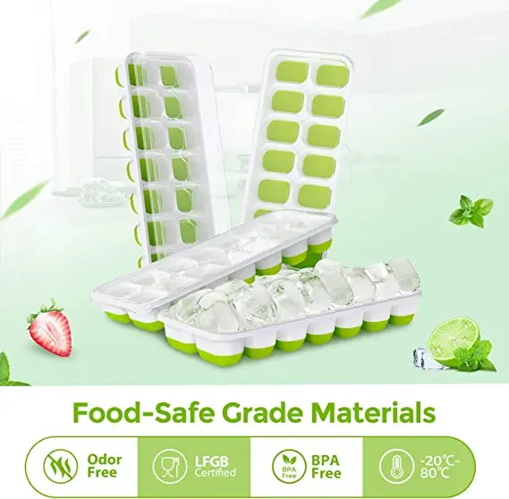 Stackable Ice Trays with Covers Ice Cube Trays 4 Pack Easy Release Silicone 14 Ice Cube Trays with Spill Resistant Removable Lid