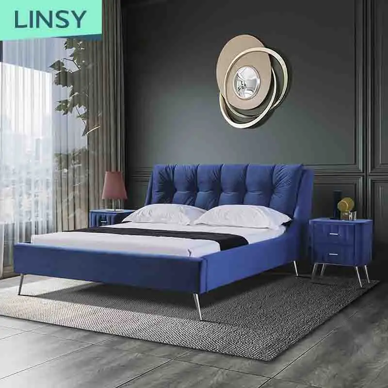 Linsy оптовая продажа Cama Nordic Modern двуспальный размер синий бархатный кнопочный