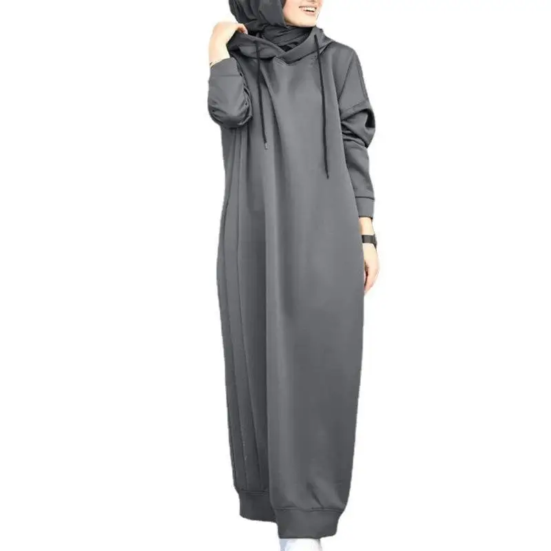 Solid Color Of Long Style Set Islamic Clothing Autumn Winter Hooded Coat For Abaya Women Muslim Dress And Lady Hoodies Coat