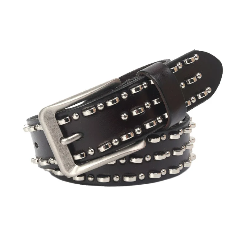 3.8cm Width First Layer Genuine Cow Skin Leather Pin Buckle Belts multi Studs Stars Rivets western Urban Punk