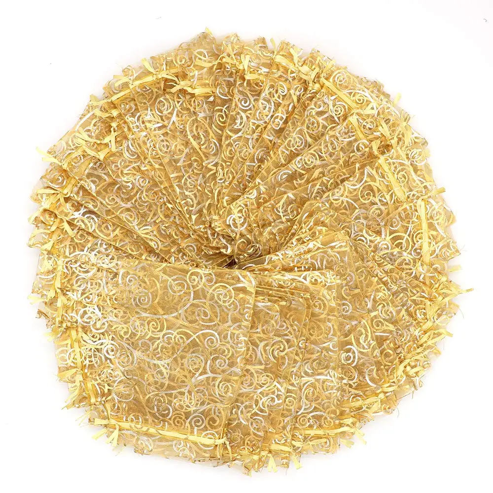 Customized Promotional Cheap Wholesale Gold Eco-Friendly Drawstring Floral Gift Organza Bags