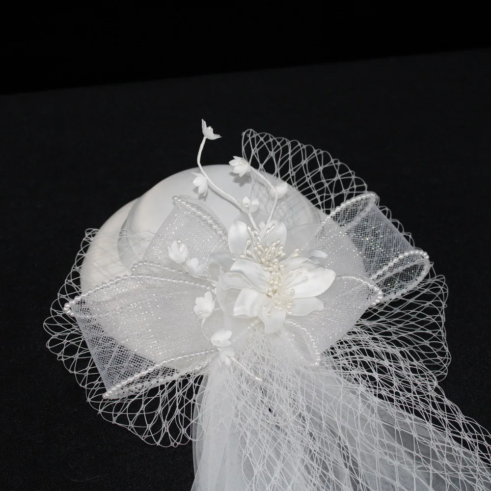 wholesale fashion Women white satin flowers beret mesh veil pillbox hat Kentucky Derby bride hats church wedding new arrival