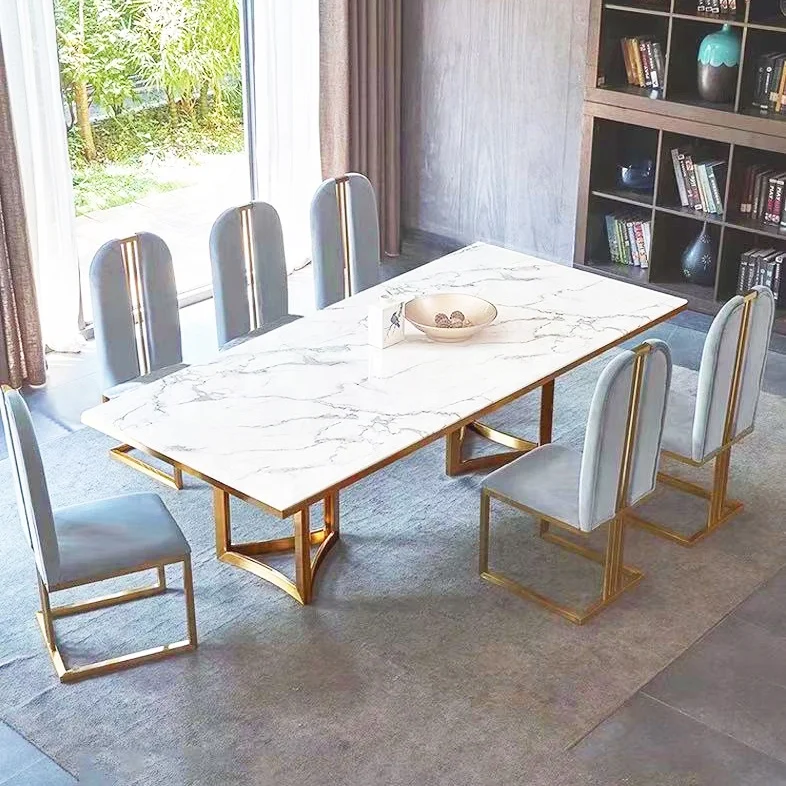 Luxury Dining Set Wholesale Customized Dining Table Set Metal Base Marble Top Dining Table Set