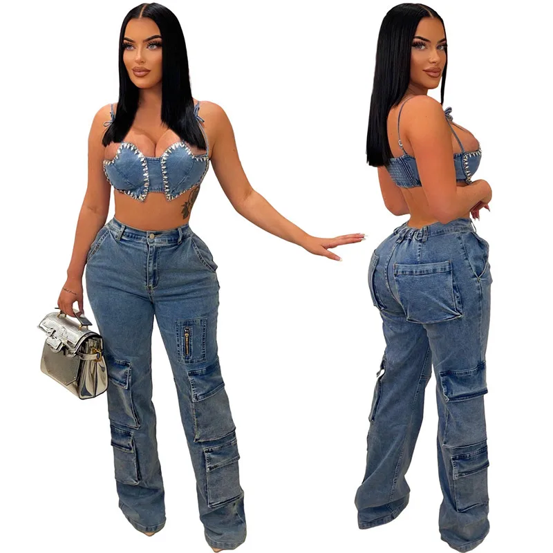 2024 New Arrivals Spring Ladies Multi Pocket Denim Pants Summer Slim Fit Straight Pants Retro Wash Cargo Jeans For Women