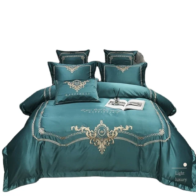 EUROPEAN STYLE LUXURY EDGE GREEN SILK COTTON  EMBROIDERED BEDDING SETS QUILT COVER