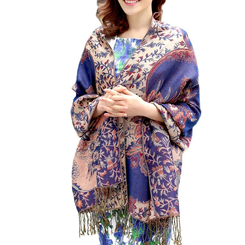 Stylish Retro Women Scarf With Tassel Double Face Golden Line Jacquard Printing Scarf Manufacturer Wholesale