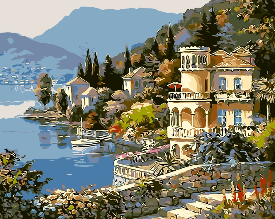
Custom Design Diy Oil Paintings Seaside Village House Handmade Painting by Number Hot Sell 