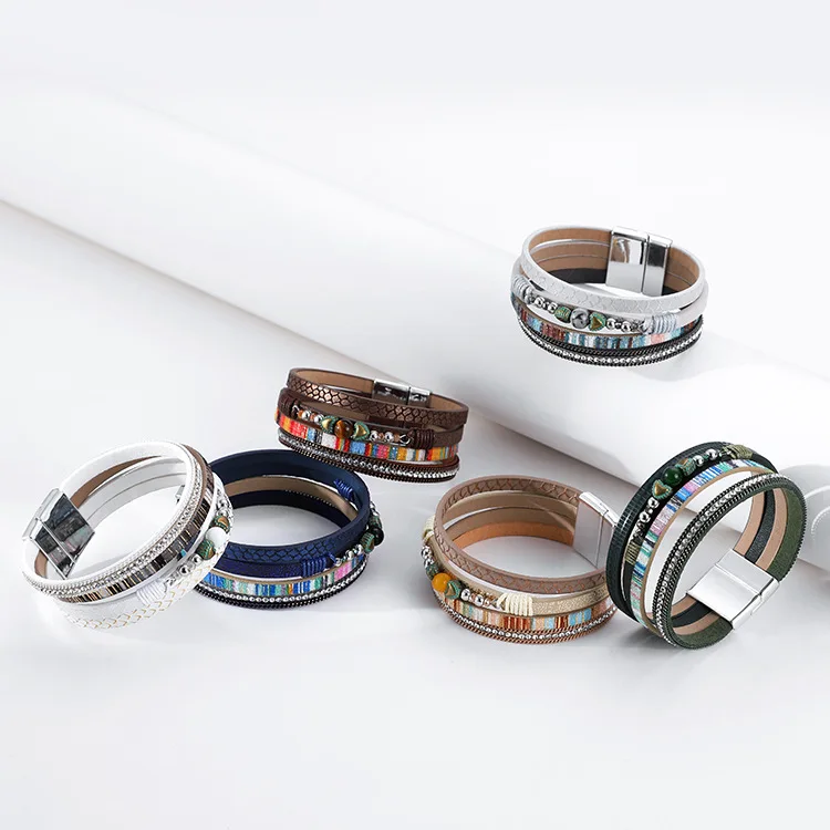 Amazon Hot Sale Multilayer Leather Bracelets with Magnetic Clasp Wide Mirco Pave Crystal Rhinestone Bohemian Wrap