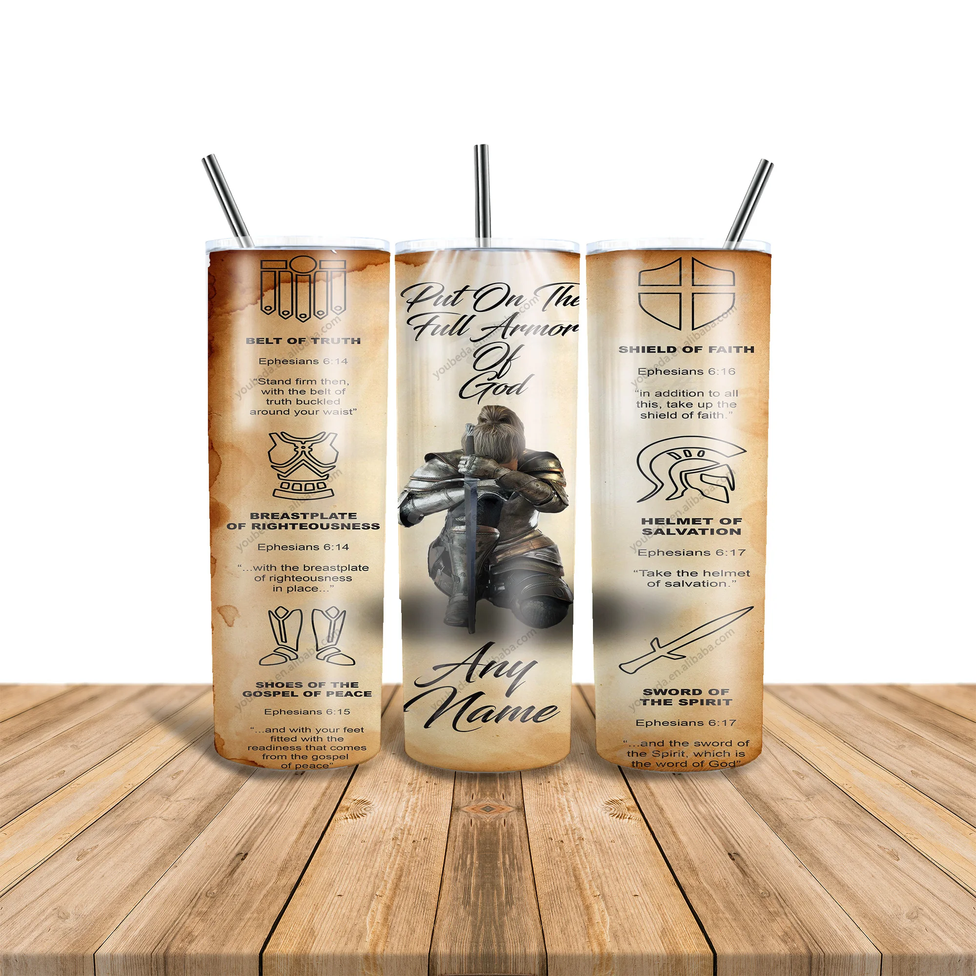 custom Christian Prayer Warriors Armor of God Kneeling Knight 20oz stainless steel water bottle double wall skinny tumbler