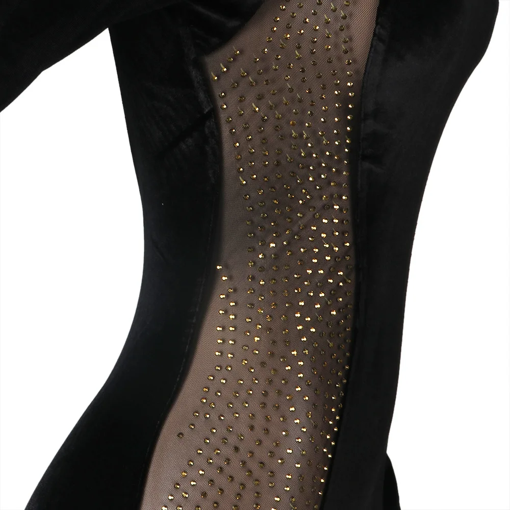 Z12068 Sexy Long Sleeve Patchwork mesh Sequins Rompers women See-through Skinny Jumpsuit