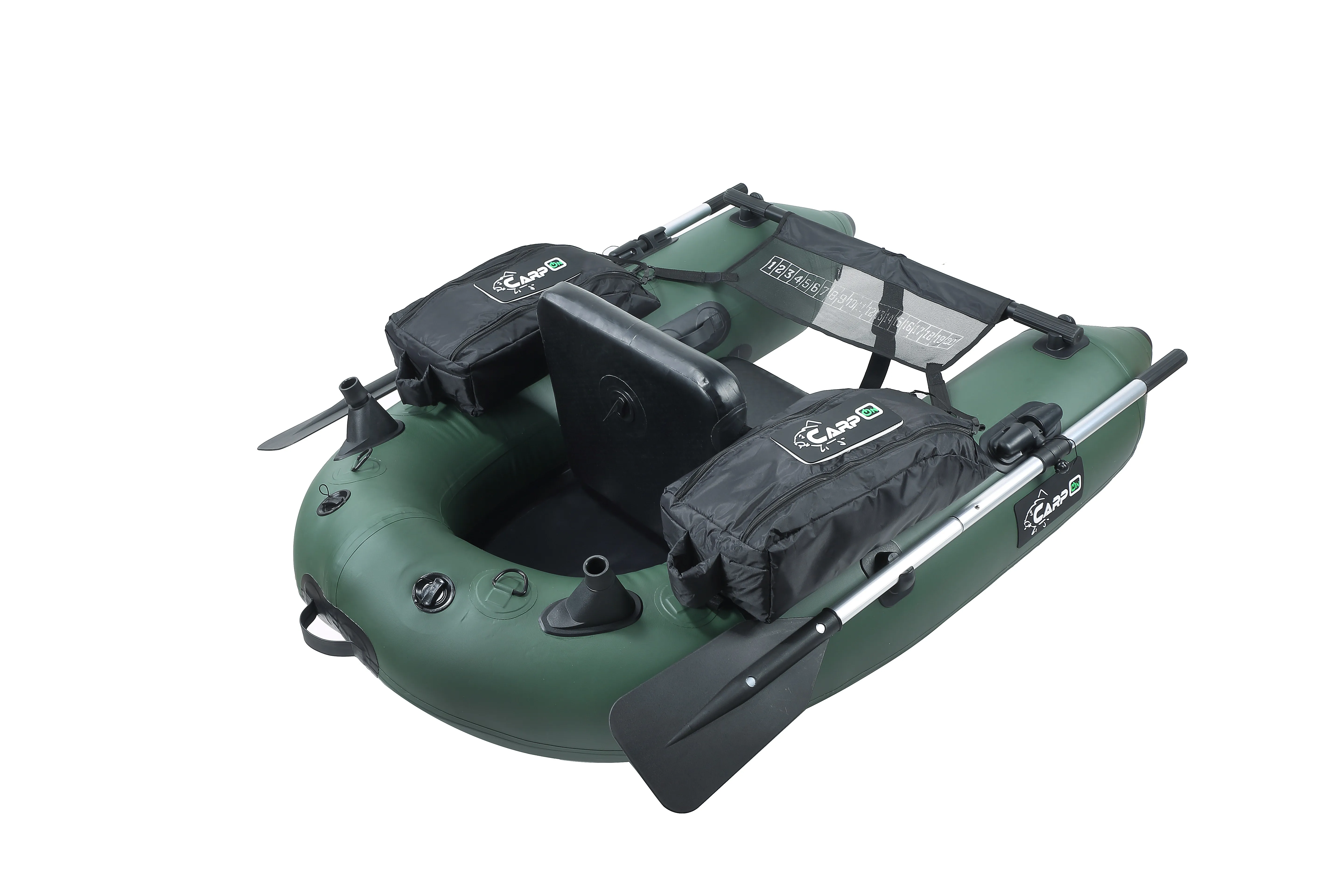 Army Green Belly Boat with Inflatable Seat, 2 Rod Holders, and Storage Pockets for Carp Fishing