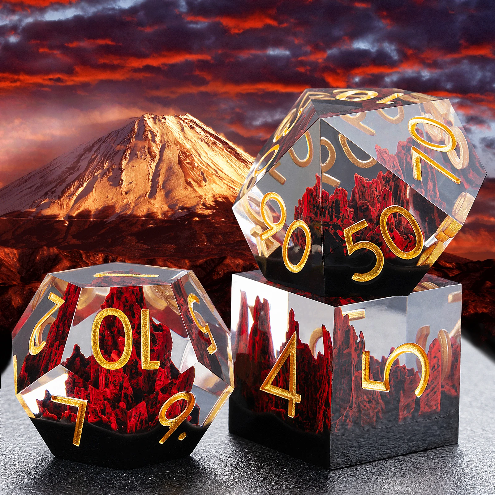 Beautiful Mountain Stone Inside Polyhedral Dice Sharp Edge Resin Dice Set For Dnd Game