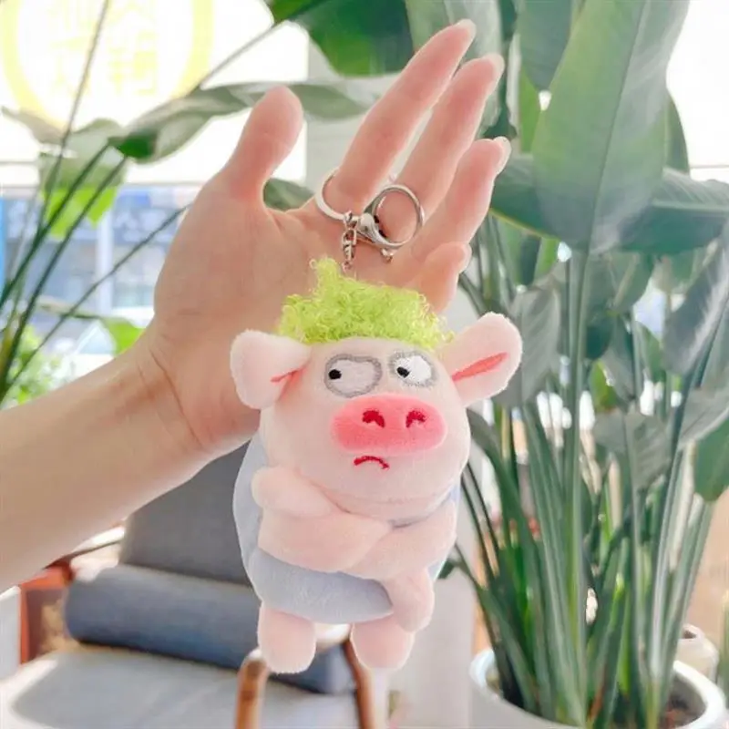 12cm Mini Cute Cartoon Plush Stuffed Keychains Toys Kawaii Animals Doll Funny Angry Green Hair Pig Keychain Bag charms Kids Gift