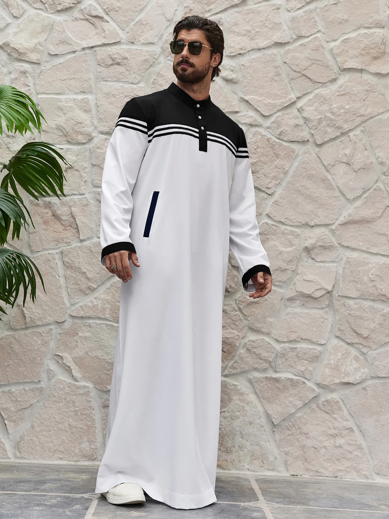 Middle east dubai turkish muslim preppy style men contrast color patch work shirt robe thobe