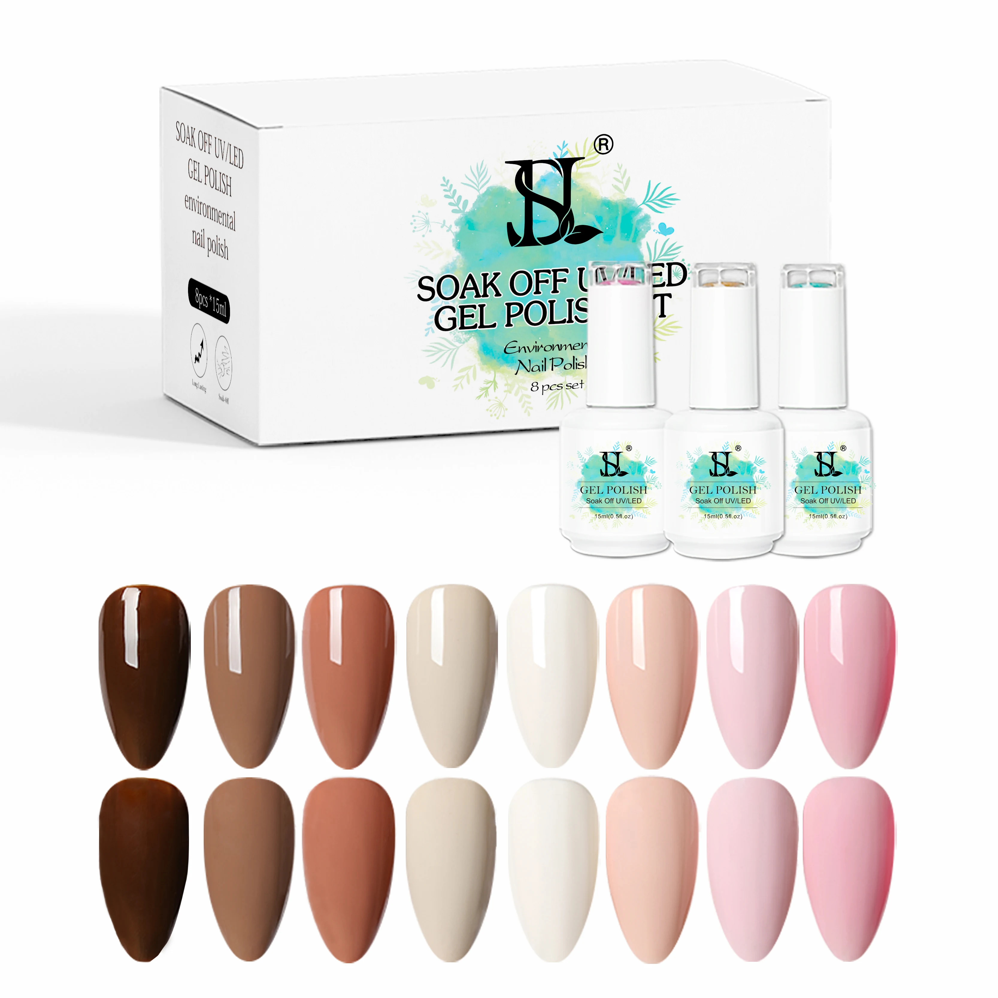 HS Nail Art Manicure DIY Salon 8 Colors Nude 15ML Soak Off Uv Gel Nail Polish Set