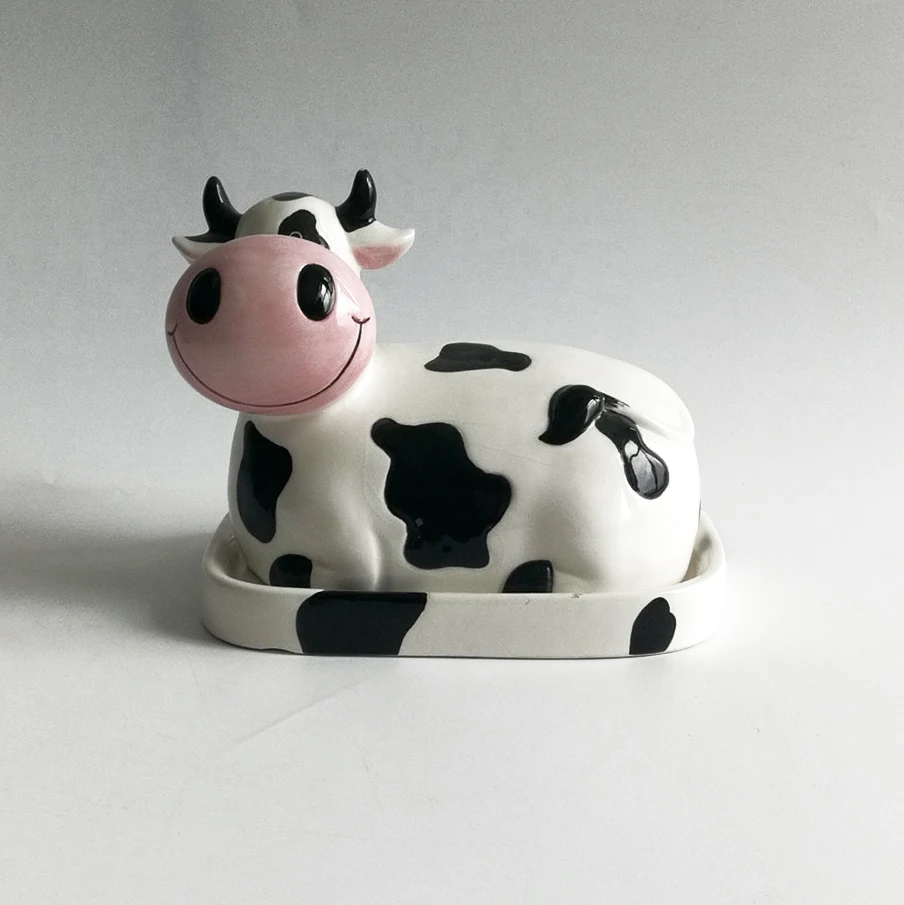 New idea products ceramic cute cow butter dish animal butter dish with cow cover