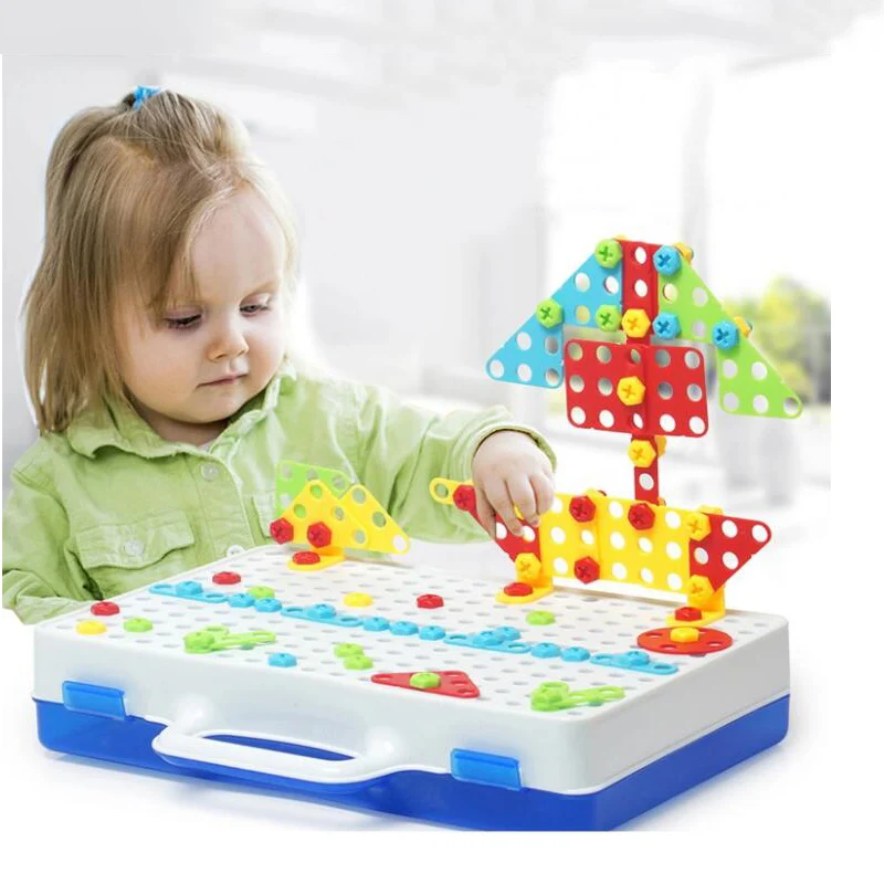 237PCS Kids Puzzle Toy DIY Electric Drill 3D Creative Mosaic Screw Puzzle Toys Assembly Tool Box Set