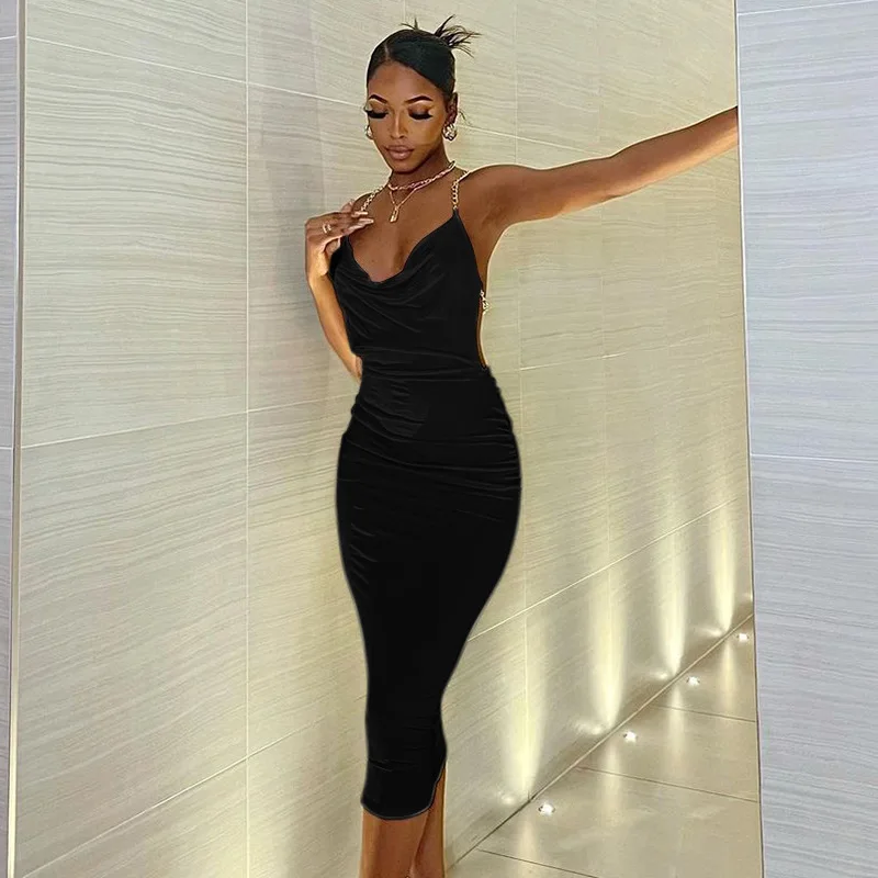 Sexy Backless White Dresses For Women 2022 Chain Ruched Black Party Long Dress Female Solid Cami Bodycon Club Midi Dress