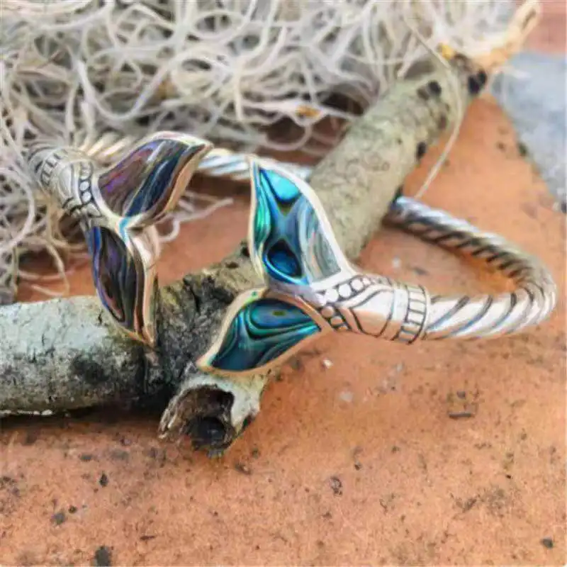 2cm Unisex Abalone Shell and Mermaid Tail Bangle Bracelet Open Cuff Bracelet for Women Men Whale Tail Abalone Shell Bali Cuff