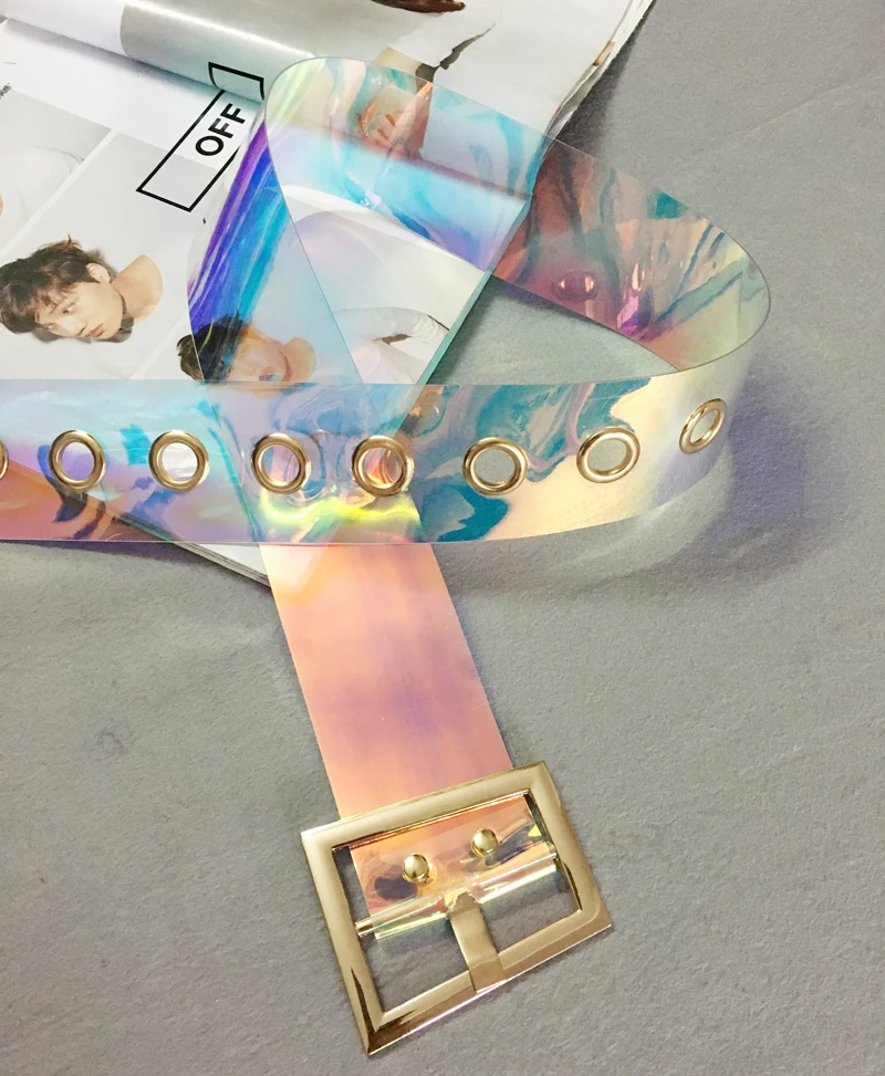 Fashion Women Transparent Wide Waist Female Designer Trapezoid Gold Metal Buckle Dress Laser Clear PVC Belt