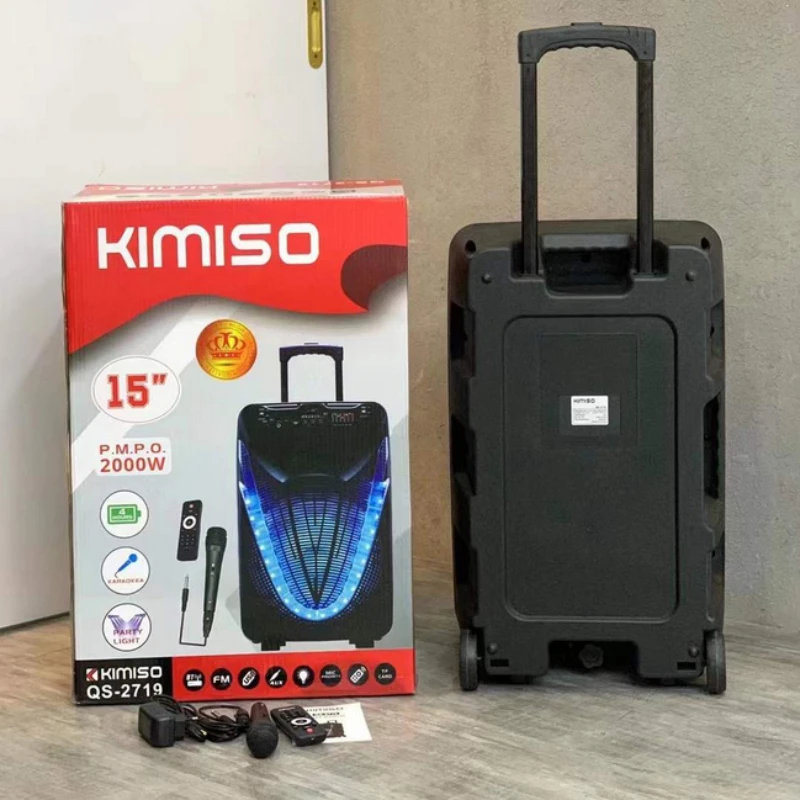 Kimiso15 дюймов BT динамик QS-2719 со светодиодной цветной свет и беспроводной микрофон для караоке на открытом воздухе диктор вагонетки