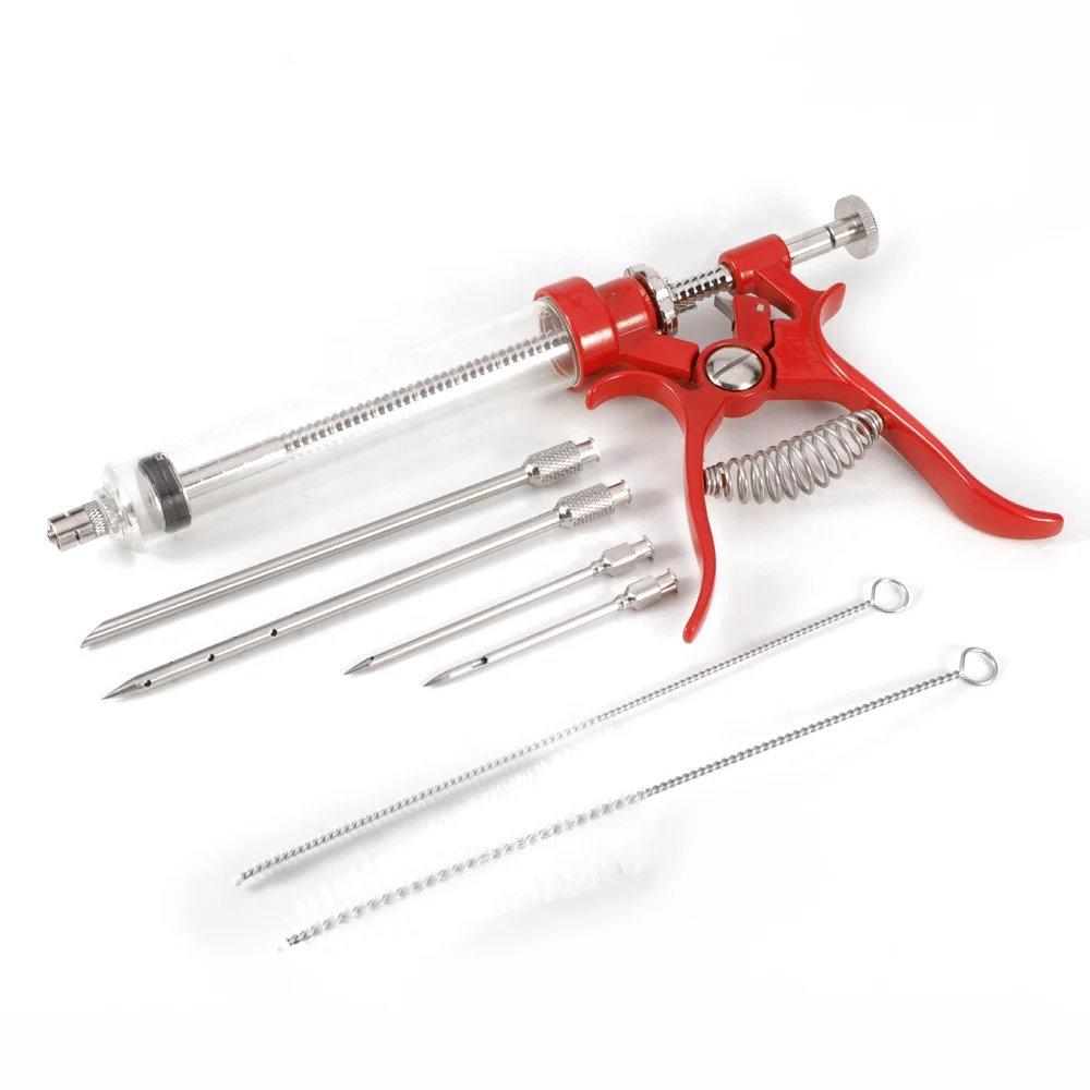 2 oz Large Capacity Barrel and 4 Professional Commercial Grade Stainless Steel BBQ Marinade Meat Injector Gun Kit with CASE