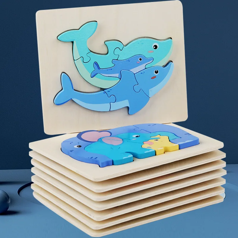 3d Jigsaw Puzzles Wooden Toy Early Education Animal Three-in-one Parent-child Animal Puzzle Hand-eye Coordination Wooden Puzzle