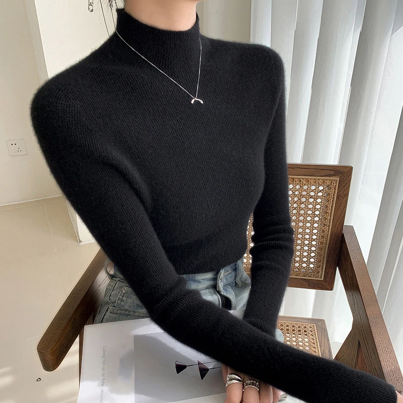 Autumn and winter slim fit cashmere bottoming shirt solid color sweater knitted wool pullover for women