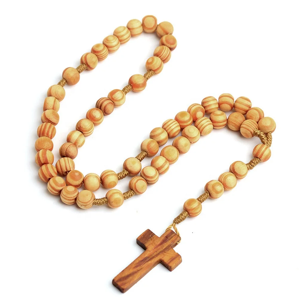 Wholesale Cheap Wooden Beads Cross Necklace Rosary Religious For Pray Beads Promotion Catholic Round Beads Religious Rosary