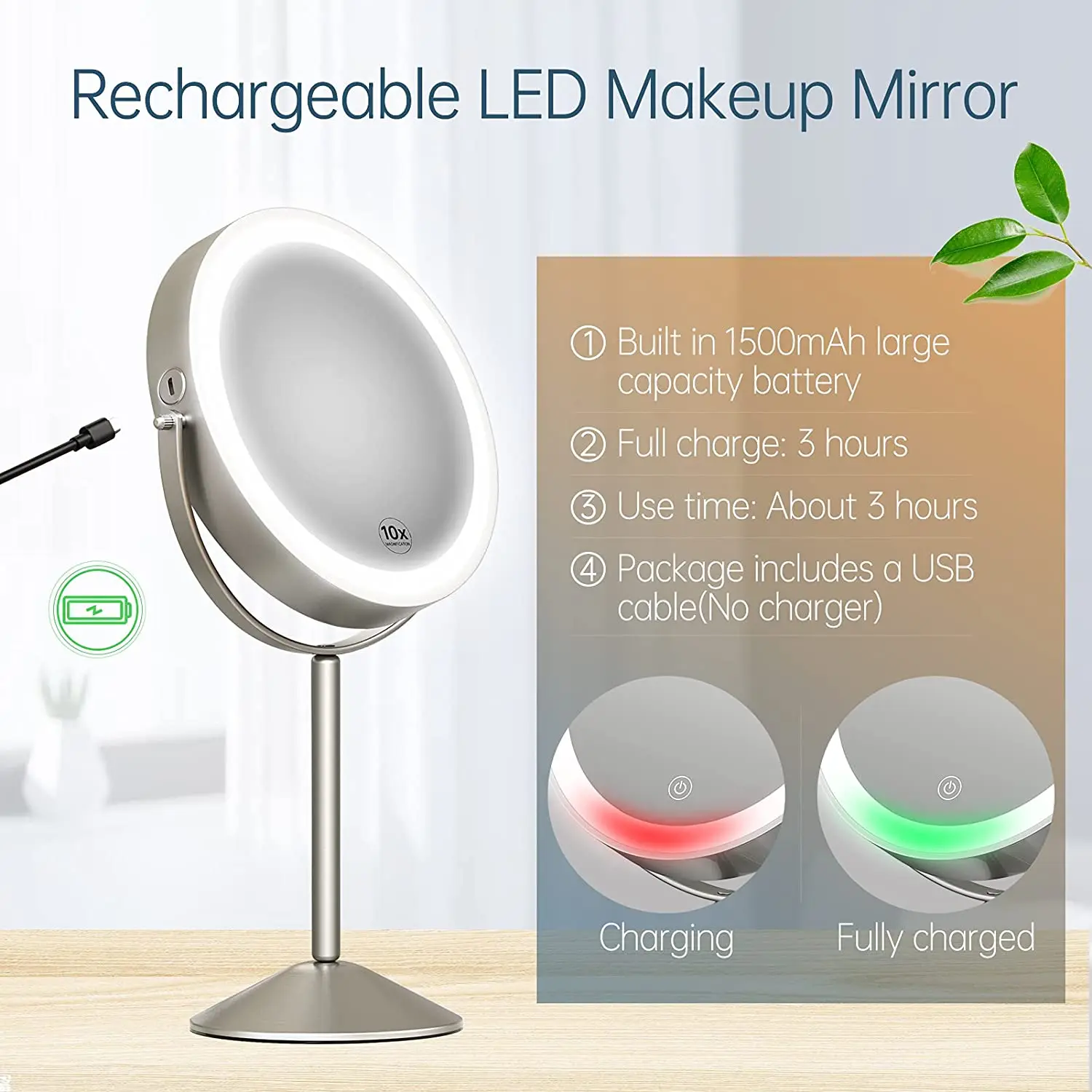 Brushed Nickel Finish Dimmable Cosmetic Mirror with Touch Control 360 Degree Rotation Led Light up Mirror
