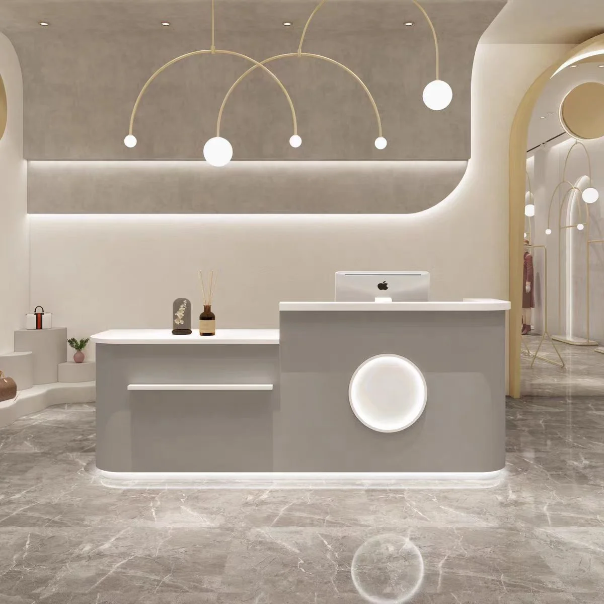 beauty salon furniture Free Logo Luxury steel frame spa Bar Front Office Salon Reception Desk