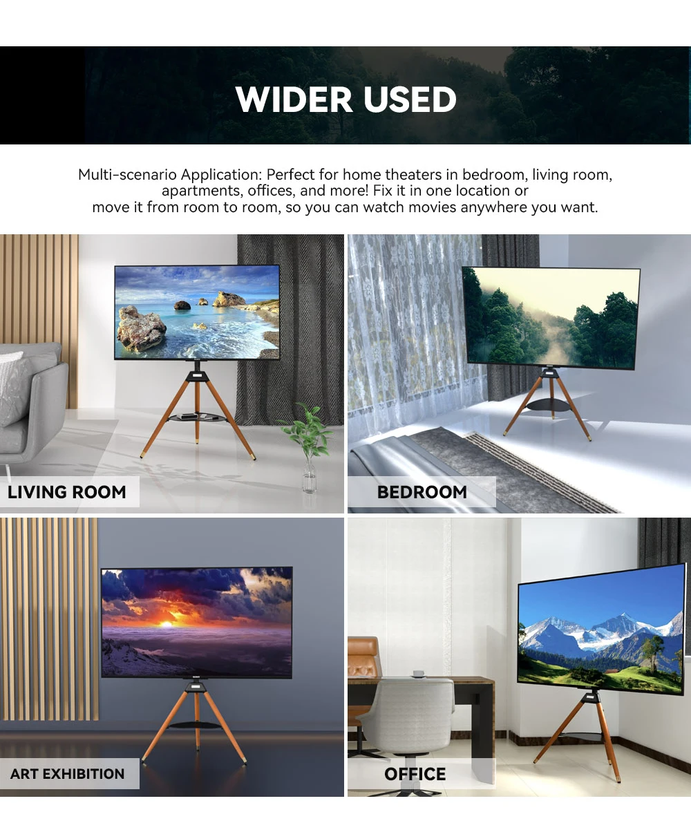 32inch-75inch Latest Design Luxury Artistic Easel Studio Wood TV Floor Tripod Stand With 3 Legs and A Heart DVD/AV Metal Tray
