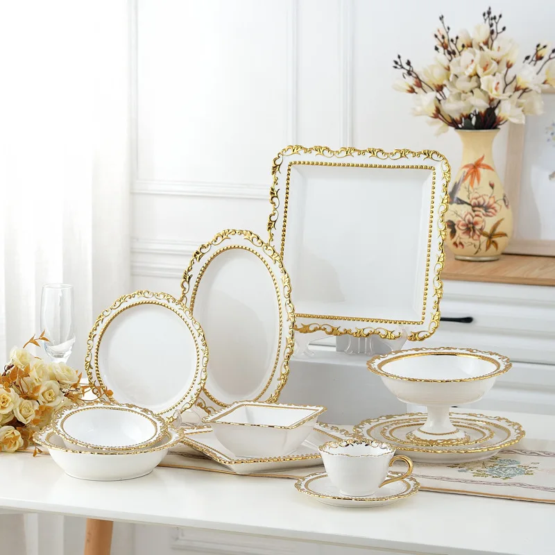 Hotel Restaurant 12 pcs European Dinnerware Sets Luxury Porcelain Royal Premium White Gold Ceramic Dinner Set