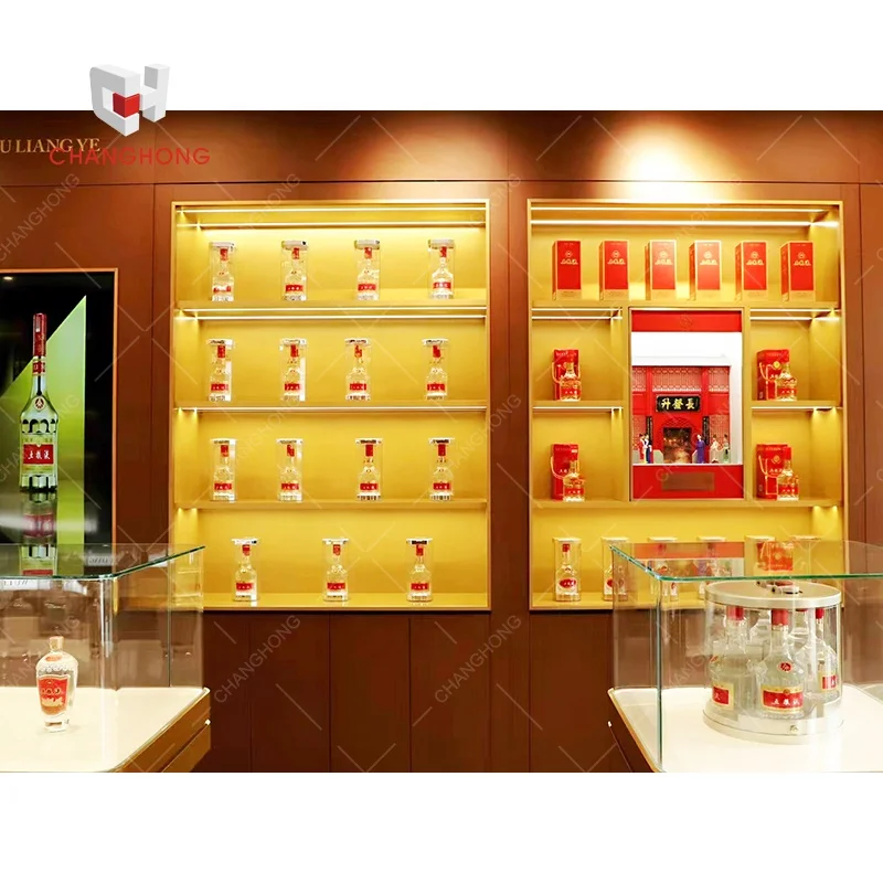 Factory outlet custom glass and wooden liquor store wine display furniture design