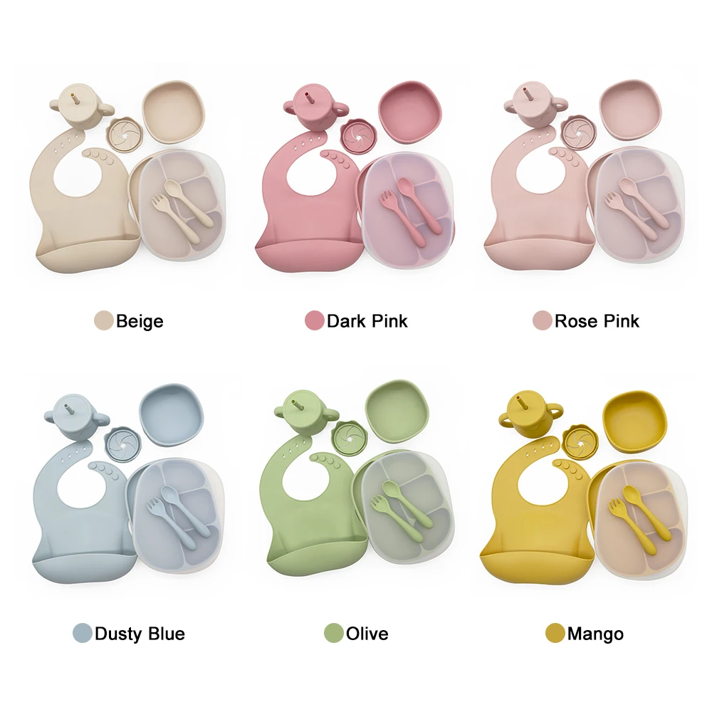 OEM Custom Wholesale Toddler BPA Free Kids Silicone Baby Feeding Set Bowl Spoon Bib Waterproof
