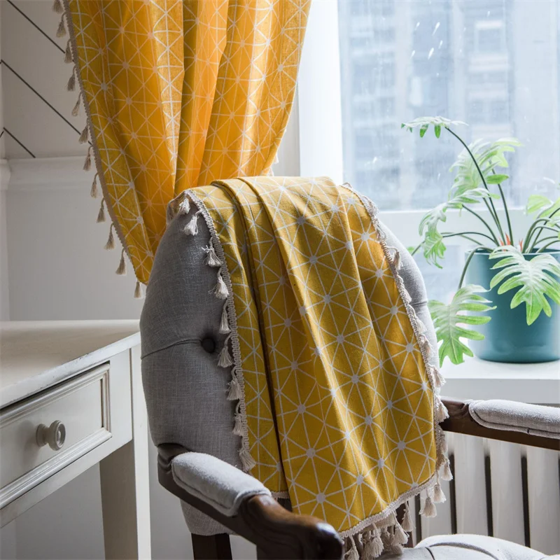 Japanese Style Yellow Geometric Design Printed Curtains With Tassels Modern Simple Country House Curtains